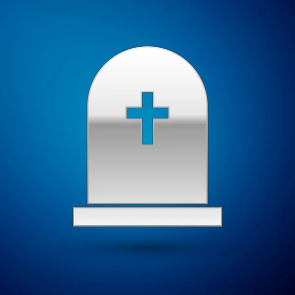Ασημένια ταφόπλακα με σταυρό είδωλο απομονωθεί σε μπλε φόντο. Το εικονίδιο του τάφου. Απεικόνιση διανυσματικών φορέων — Διανυσματικό Αρχείο