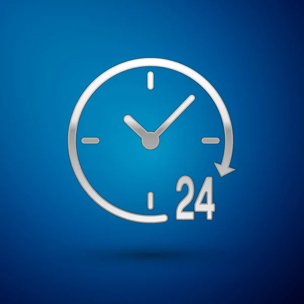 Ezüst óra 24 órás ikon elszigetelt kék háttérrel. Egész nap ciklikus ikon. 24 órás szolgálati szimbólum. Vektorillusztráció — Stock Vector