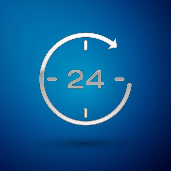 Relógio de prata 24 horas ícone isolado no fundo azul. Ícone cíclico o dia todo. 24 horas de símbolo de serviço. Ilustração vetorial — Vetor de Stock