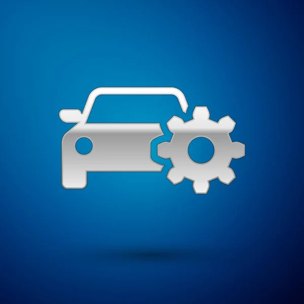 Icono de servicio Silver Car aislado sobre fondo azul. Servicio mecánico automático. Servicio mecánico. Servicio de reparación mecánico de automóviles. Signo de mantenimiento. Ilustración vectorial — Vector de stock