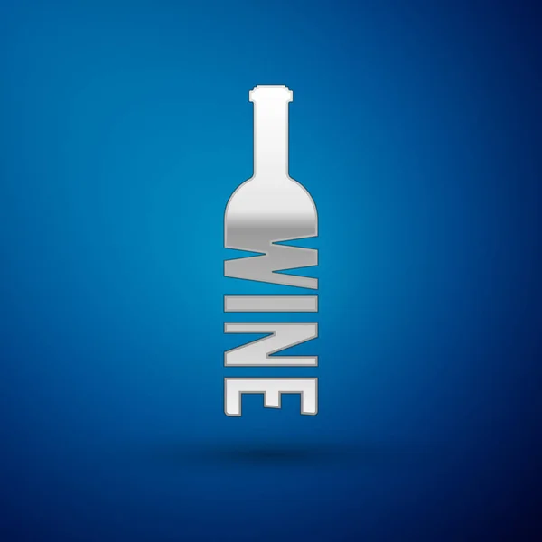 Zilveren fles wijn pictogram geïsoleerd op blauwe achtergrond. Belettering fles wijn. Vector illustratie — Stockvector