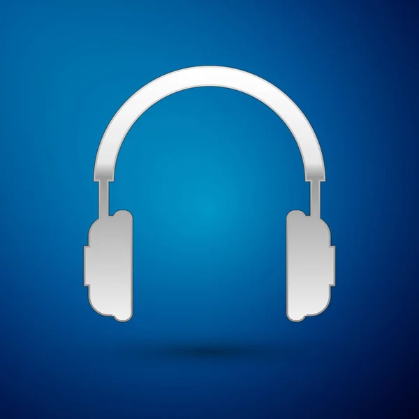 Icono de auriculares plateados aislado sobre fondo azul. Signo de auriculares. Objeto conceptual para escuchar música, servicio, comunicación y operador. Ilustración vectorial — Archivo Imágenes Vectoriales