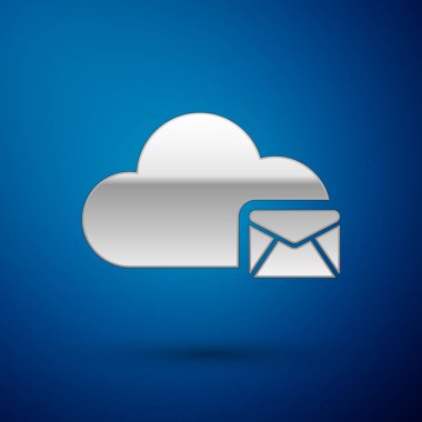 Mavi arka planda yalıtılmış Silver Cloud posta sunucusu simgesi. E-posta için bulut sunucusu barındırma. Çevrimiçi mesaj hizmeti. Posta kutusu işareti. Vektör İllüstrasyonu