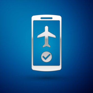 Mavi arka planda yalıtılmış cep telefonu simgesinde Silver Flight modu. Uçak veya uçak uçuş çevrimdışı modu yolcu yönetmeliği havayolu . Vektör İllüstrasyonu