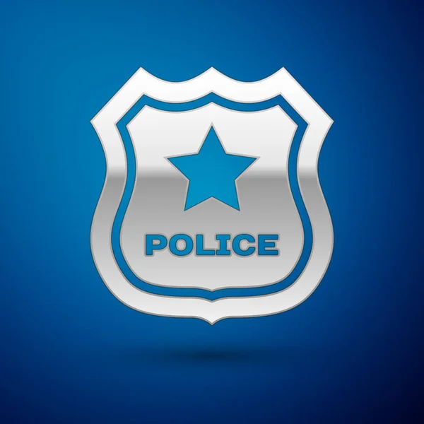 Silbernes Abzeichen der Polizei isoliert auf blauem Hintergrund. Schilder des Sheriffs. Vektorillustration — Stockvektor