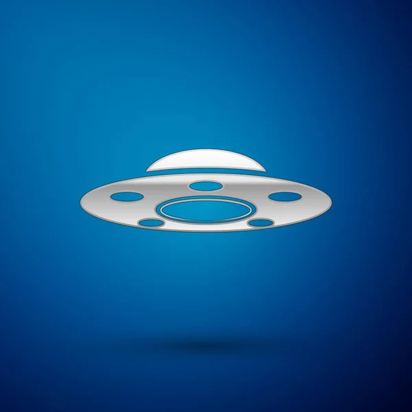 Silver UFO flying spaceship icon isolated on blue background. Flying saucer. Alien space ship. Futuristic unknown flying object. Vector Illustration — Stock Vector