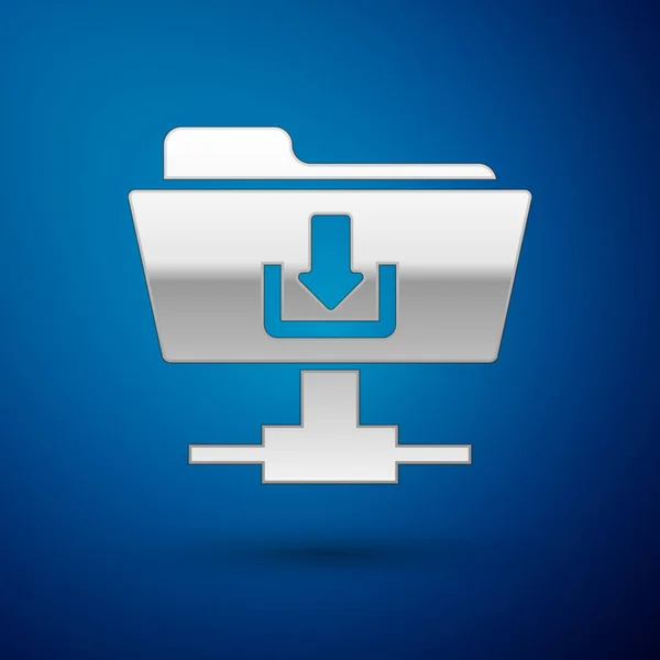 Cartella FTP argento icona di download su sfondo blu. Concetto di aggiornamento software, protocollo di trasferimento, router, gestione degli strumenti di lavoro di squadra, processo di copia. Illustrazione vettoriale — Vettoriale Stock