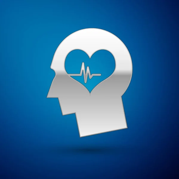 Silver Male head with a heartbeat icon isolated on blue background. Head with mental health, healthcare and medical sign. Vector Illustration — Stock Vector