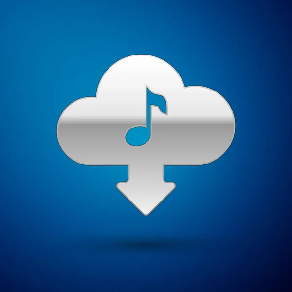 Серебряная икона музыки выделена на синем фоне. Сервис потоковой передачи музыки, звуковые облачные вычисления, онлайн-потоковое вещание, аудио-волна. Векторная миграция — стоковый вектор