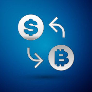 Gümüş Cryptocurrency döviz simgesi mavi arka plan üzerinde izole. Bitcoin'den dolar bozdurma simgesine. Kripto para teknolojisi, mobil bankacılık. Vektör İllüstrasyonu