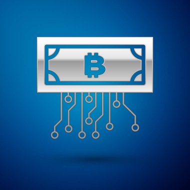 Mavi arka plan üzerinde izole mikroçip devre simgesi ile daire içinde Gümüş Cryptocurrency kavramı bitcoin. Blockchain teknolojisi, dijital para piyasası. Vektör İllüstrasyonu