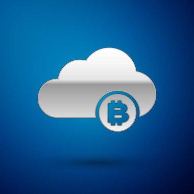 Mavi arka planda yalıtılmış Gümüş Cryptocurrency bulut madenciliği simgesi. Blockchain teknolojisi, bitcoin, dijital para piyasası, kripto para cüzdanı. Vektör İllüstrasyonu
