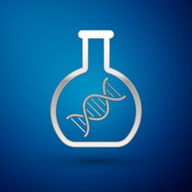 Gümüş DNA araştırması, mavi arka plan da izole edilmiş arama simgesi. Genetik mühendisliği, genetik testi, klonlama, babalık testi. Vektör İllüstrasyonu