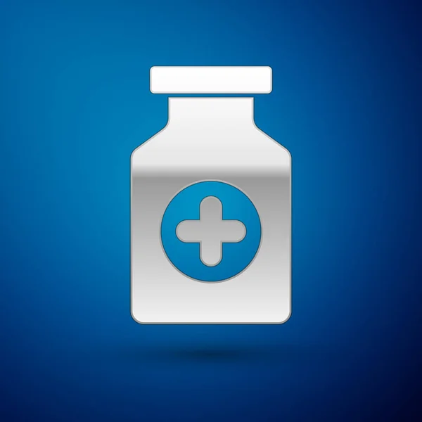 Silver Medicine bottle icon isolated on blue background. Bottle pill sign. Pharmacy design. Vector Illustration — Stock Vector