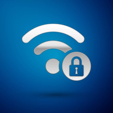 Mavi arka planda yalıtılmış gümüş Wifi kilitli işaret simgesi. Şifre Wi-fi simgesi. Kablosuz Ağ simgesi. Wifi bölgesi. Vektör İllüstrasyonu