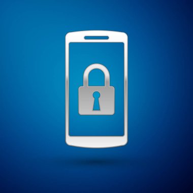 Mavi arka plan üzerinde izole kapalı asma kilit simgesi ile Gümüş Smartphone. Kilitli telefon. Mobil güvenlik, güvenlik, koruma konsepti. Vektör İllüstrasyonu