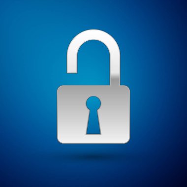 Mavi arka planda yalıtılmış Gümüş Açık asma kilit simgesi. Kilit işaretini açtı. Siber güvenlik konsepti. Dijital veri koruması. Güvenlik güvenliği. Vektör İllüstrasyonu