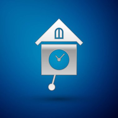 Gümüş Retro duvar saat simgesi mavi arka plan üzerinde izole. Guguklu saat işareti. Antika sarkaçlı saat. Vektör İllüstrasyonu