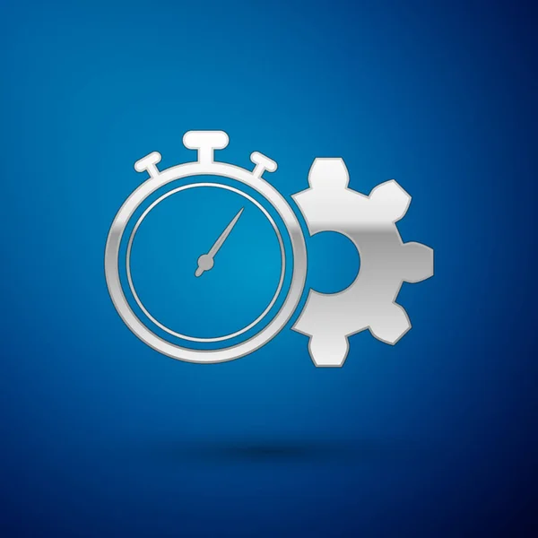 Silver Time Management icon isolated on blue background. Clock and gear sign. Productivity symbol. Vector Illustration — Stock Vector