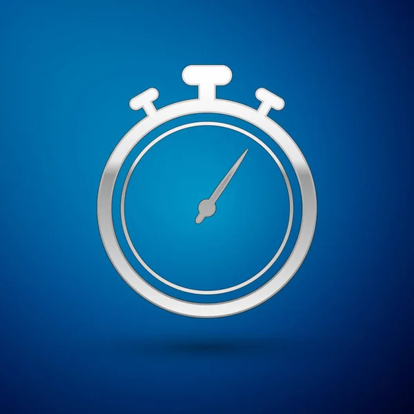 Ícone Silver Stopwatch isolado no fundo azul. Sinal do temporizador. Assinatura do cronómetro. Ilustração vetorial — Vetor de Stock