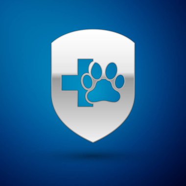 Gümüş Hayvan sağlık sigortası simgesi mavi arka plan izole. Evcil hayvan koruma simgesi. Köpek ya da kedi pençesi izi. Vektör İllüstrasyonu