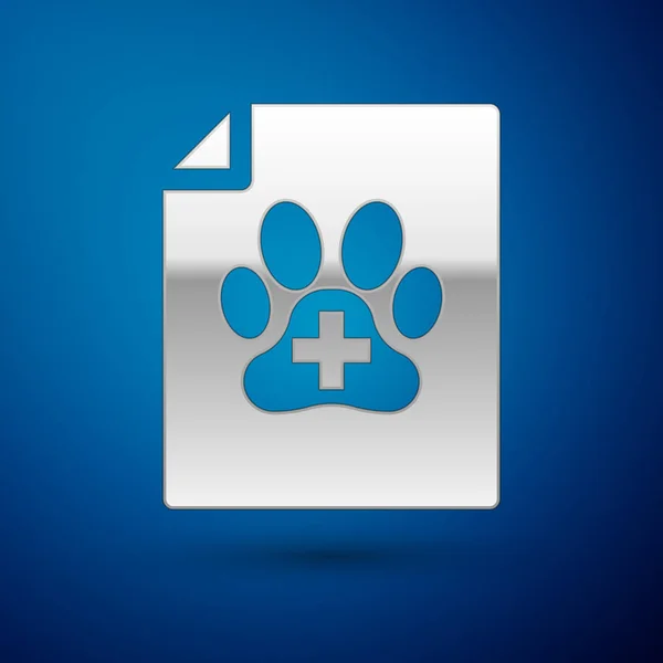 Srebrny certyfikat medyczny do podróżowania z ikoną psa lub kota na niebieskim tle. Dokument dla zwierzaka. Pies lub kot Paw Print. Ilustracja wektorowa — Wektor stockowy