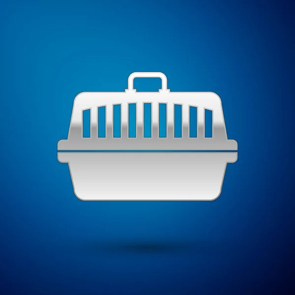 Silver Pet carry case icon isolated on blue background. Carrier for animals, dog and cat. Container for animals. Animal transport box. Vector Illustration — Stock Vector