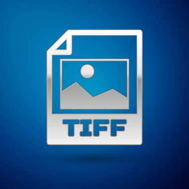 Gümüş Tiff dosya belge simgesi. Mavi arka planda yalıtılmış tiff düğme simgesini indirin. Tiff dosya sembolü. Vektör İllüstrasyonu
