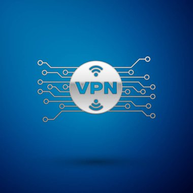 Mavi arka plan üzerinde izole mikroçip devre simgesi ile daire içinde Gümüş Vpn. Vektör İllüstrasyonu