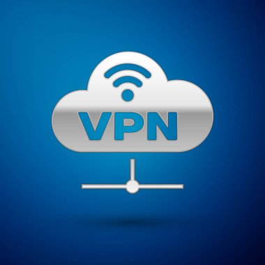 Mavi arka planda yalıtılmış Silver Vpn Network bulut bağlantı simgesi. Sosyal teknoloji. Bulut bilgi işlem konsepti. Vektör İllüstrasyonu