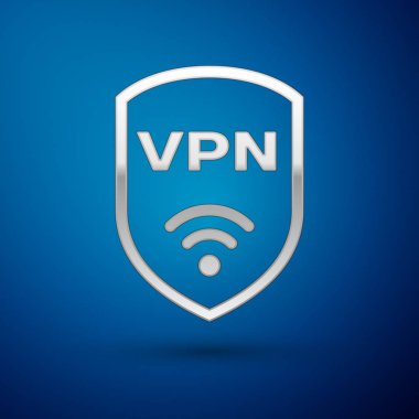 Gümüş Kalkan Vpn ve wifi kablosuz internet ağı simge simgesi mavi arka plan üzerinde izole ile. Vpn güvenlik kavramını koruyun. Vektör İllüstrasyonu