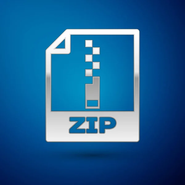 Icono de documento de archivo ZIP de plata. Descargar icono de botón zip aislado sobre fondo azul. Símbolo del archivo ZIP. Ilustración vectorial — Vector de stock