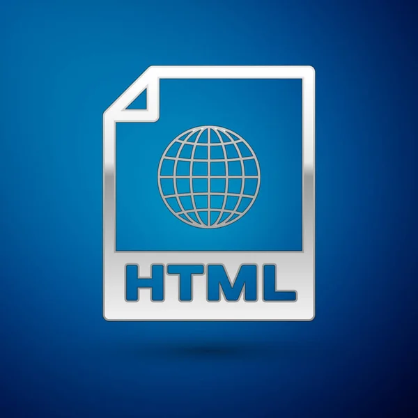 Ikona dokumentu stříbrné HTML. Ikona tlačítka HTML pro stažení je izolovaná na modrém pozadí. Symbol souboru HTML. Symbol jazyka značek. Vektorová ilustrace — Stockový vektor