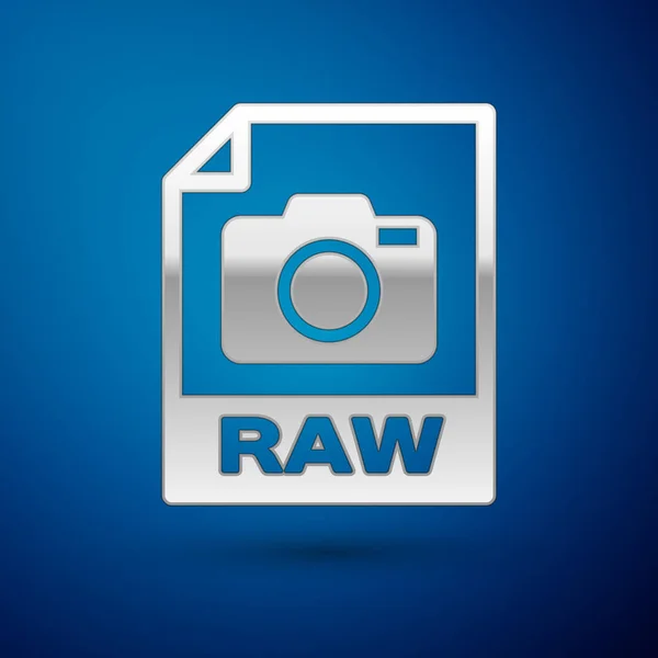 Ikona dokumentu pliku Silver RAW. Pobierz RAW ikona przycisku izolowane na niebieskim tle. Symbol pliku RAW. Ilustracja wektorowa — Wektor stockowy