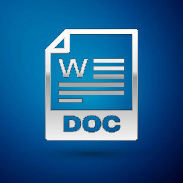 Zilveren doc bestand documentpictogram. Download doc knop icoon geïsoleerd op blauwe achtergrond. Doc bestandsextensie symbool. Vector illustratie — Stockvector