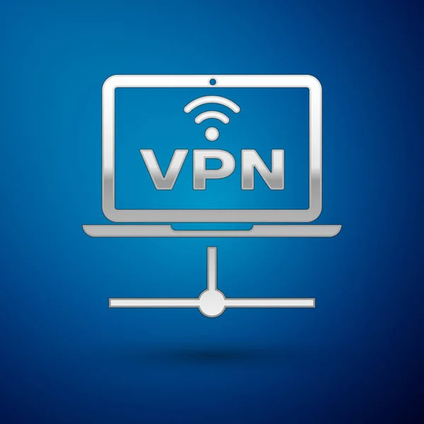 Ícone de rede de computador VPN prata isolado no fundo azul. Rede de portáteis. Ligação à Internet. Ilustração vetorial — Vetor de Stock