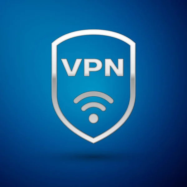 Vpnと無線LAN無線インターネットネットワークシンボルアイコンとシルバーシールドは、青い背景に隔離されています。VPNは安全コンセプトを保護します。ベクトルイラストレーション — ストックベクタ