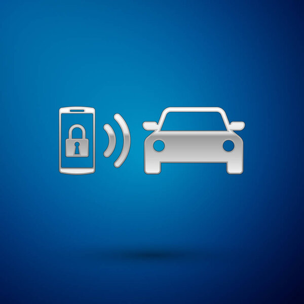 Silver Smart car alarm system icon isolated on blue background. The smartphone controls the car security on the wireless. Vector Illustration