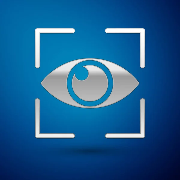 Silbernes Augenscansymbol isoliert auf blauem Hintergrund. Augen abtasten. Sicherheitsüberprüfungssymbol. Cyber-Augenzeichen. Vektorillustration — Stockvektor