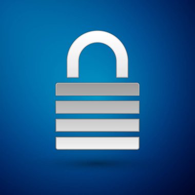 Mavi arka planda yalıtılmış Gümüş Kilit simgesi. Asma kilit işareti. Güvenlik, güvenlik, koruma, gizlilik kavramı. Vektör İllüstrasyonu
