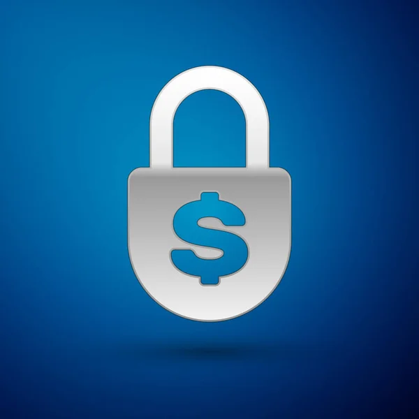 Icono de bloqueo Silver Money aislado sobre fondo azul. Candado y símbolo del dólar. Finanzas, seguridad, seguridad, protección, concepto de privacidad. Ilustración vectorial — Archivo Imágenes Vectoriales