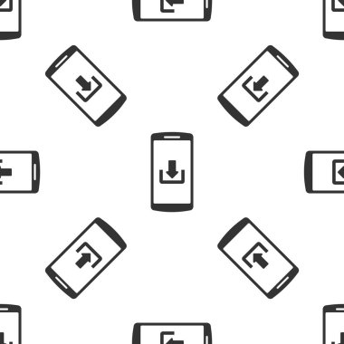 Beyaz arka planda indirme simgesi izole Dikişsiz desen ile gri smartphone. Vektör Illustration