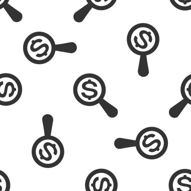 Gri büyütme cam ve Doları simgesi izole Dikişsiz desen beyaz arka plan üzerinde. Para bulmak. Para için arıyorum. Vektör çizim
