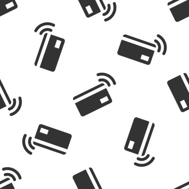 Beyaz arka planda NFC kartı simgesi izole Dikişsiz desen ile gri temassız ödeme. Radyo dalgası işareti olan kart. Kredi kartı ödemesi. Vektör Illustration