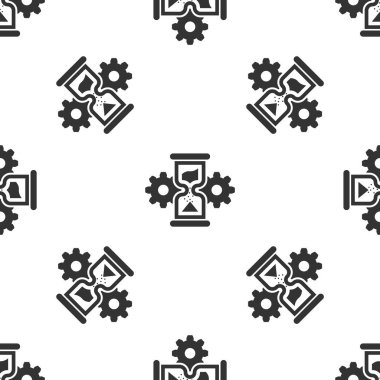 Gri kum saati ve dişli simgesi beyaz arka planda izole Dikişsiz desen. Zaman yönetimi sembolü. Saat ve vites simgesi. İş konsepti. Vektör Illustration