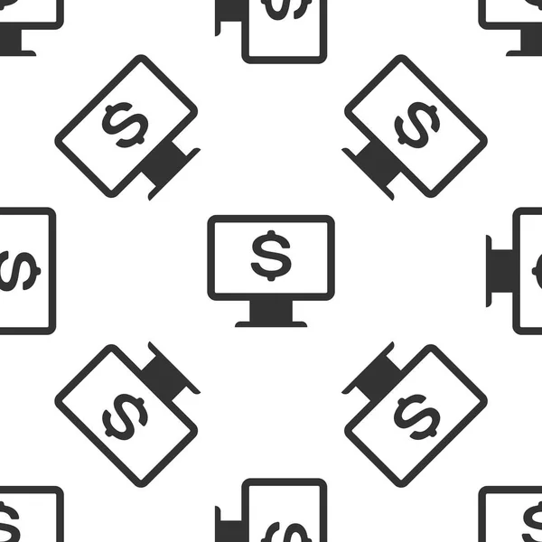 Grå datorskärm med dollar ikonen isolerade sömlösa mönster på vit bakgrund. Internet ekonomiska säkerhetskoncept, online finansiera skydd. Vektorillustration — Stock vektor