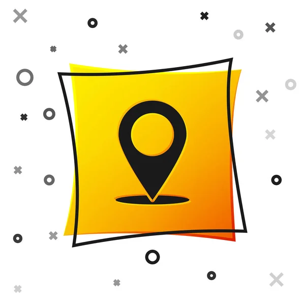 Zwarte kaart PIN pictogram geïsoleerd op witte achtergrond. Aanwijzer symbool. Locatie teken. Navigatiekaart, GPS, richting, plaats, kompas, contact, zoek concept. Gele vierkante knop. Vector illustratie — Stockvector