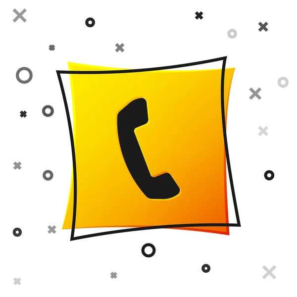 Icono de teléfono negro aislado sobre fondo blanco. Señal telefónica. Botón cuadrado amarillo. Ilustración vectorial — Vector de stock
