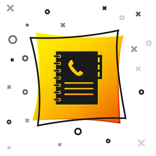 Ícone de livro de telefone preto isolado no fundo branco. Livro de endereços. Lista telefónica. Botão quadrado amarelo. Ilustração vetorial — Vetor de Stock