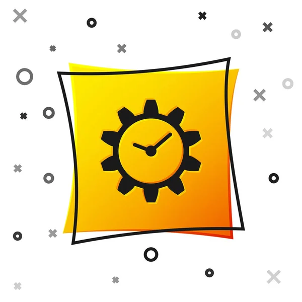 Icono de gestión del tiempo negro aislado sobre fondo blanco. Señal de reloj y engranaje. Botón cuadrado amarillo. Ilustración vectorial — Archivo Imágenes Vectoriales